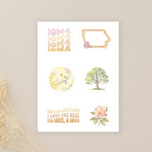 Iowa Sticker Sheet | Iowa State Symbols | 6 Kiss-Cut Vinyl Sticker Decals | Laptop Stickers | Journal Stickers | Waterproof Stickers