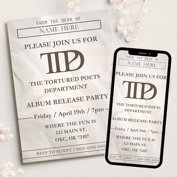 Tortured Poets Party Invitation | TTPD New Album Release Party Invite | Taylors Listening Party | Swift Editable, Printable, Digital Invite