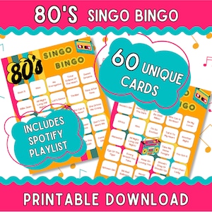Bingo Musical De Los 80 Con Lista De Reproducción, 60 Cartones De Bingo, Singo, Bingo De Los 80, Bingo De Los 80, Fiesta De Los 80, Juegos De Fiesta, Juegos Imprimibles