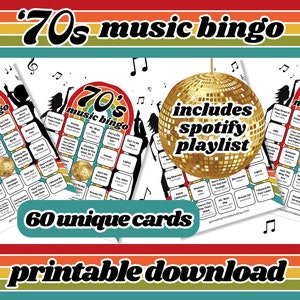 70s Music Bingo | 70s Singo Bingo | 60 Bingo Cards | 1970s Music | Party Games | Printable Games | PDF Instant Download | Digital Download