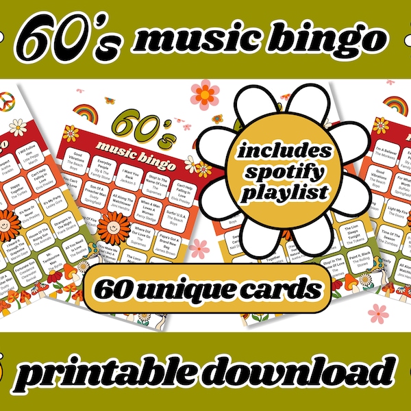 Bingo musical des années 60 | Bingo singo des années 1960 | 60 cartes de bingo | Bingo musical avec liste de lecture | Jeux de société | Jeux imprimables | Téléchargement numérique