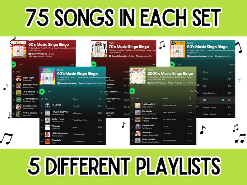 5 music bingo games - 60s, 70s, 80s, 90s, 2000s music bingo