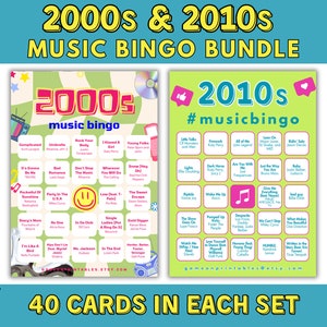 Music Bingo - 2 Pack | 2000s, 2010s Music Bingo | 2 Decades of Music | Music Bingo With Playlist | 80 Bingo Cards | Party Printable Games