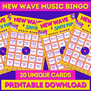 May include: A set of four printable New Wave and Synth Pop Music Bingo cards. Each card features a yellow background with a black record player icon in the center. The cards are filled with song titles and artist names from the New Wave and Synth Pop genre. The text "20 UNIQUE CARDS" and "PRINTABLE DOWNLOAD" is displayed in pink and yellow at the bottom of the image.