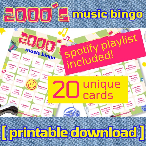 2000s Music Bingo | 2000's Singo Bingo | 20 Bingo Cards | Y2K Music Bingo With Playlist | Party Games | Printable Games | Digital Download