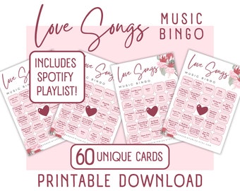 Love Songs Music Bingo Game | 60 Printable Cards (Digital Download)