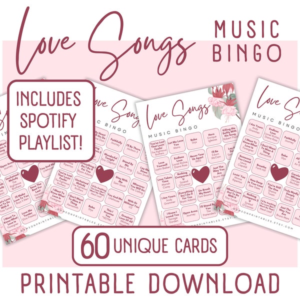 Love Songs Music Bingo | Mother's Day Bingo Game | Galentines Bingo | Bachelorette Games | Anniversary Game | Printable Party Games