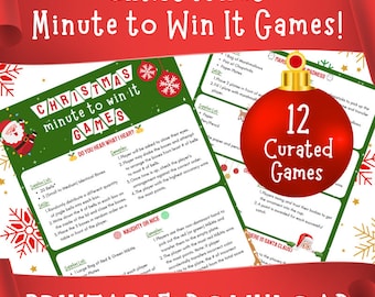 May include: A festive printable download featuring "Christmas Minute to Win It Games!" with game instructions and a red ornament graphic that says "12 Curated Games". The design includes a Santa Claus graphic and snowflakes.