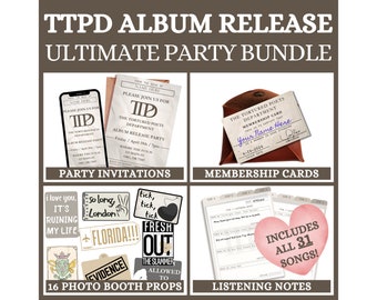 Tortured Poets Dept. Party Bundle | TTPD Album Release Party Bundle | TTPD Invitations, Photo Props, Membership Cards, Listening Notes