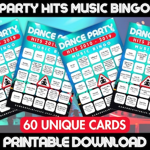 Bingo musical con éxitos de fiesta de los años 2010 / Bingo musical de los años 2010 con lista de reproducción / 60 cartones de bingo / Bingo musical para fiestas bailables de los años 2010 / Juegos imprimibles