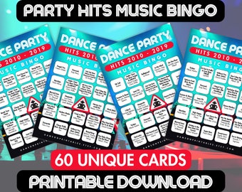 May include: Three printable bingo cards with a blue and green background. The cards feature a list of popular dance songs from 2010 to 2019. The text "60 Unique Cards Printable Download" is at the bottom of the image.