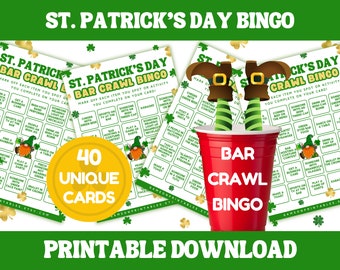 Bingo de bar crawl del día de San Patricio / Búsqueda del tesoro del día de San Patricio / Juego de beber para fiestas de San Patricio para adultos / 40 tarjetas de bingo / Imprimible