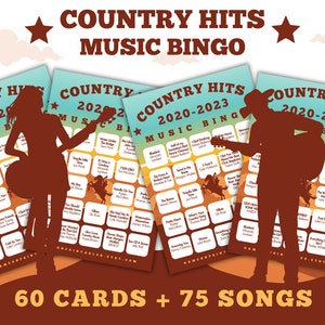 Bingo de música country 2020-2023 con lista de reproducción / Bingo de música de mejores éxitos country / 60 cartones de bingo / Bingo de música de canciones country / Juegos imprimibles