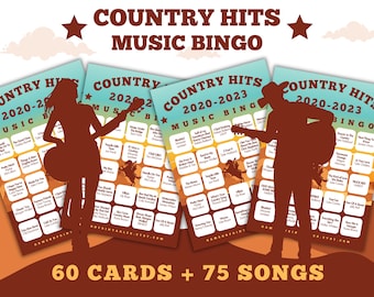 Country Music 2020-2023 Bingo With Playlist | Top Country Hits Music Bingo | 60 Bingo Cards | Country Songs Music Bingo | Printable Games