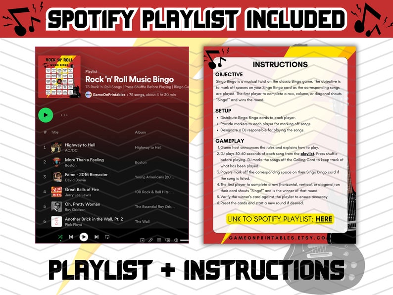 Rock and Roll printable music bingo game