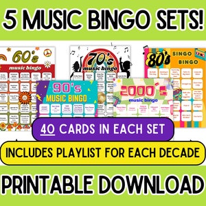 Bingo musicale - 5 confezioni / Bingo musicale anni '60, '70, '80, '90, 2000 / 5 decenni di musica / Bingo musicale con playlist / 200 carte / Gioco stampabile