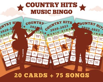 Country Music 2020-2023 Bingo With Playlist | Top Country Hits Music Bingo | 20 Bingo Cards | Country Songs Music Bingo | Printable Games