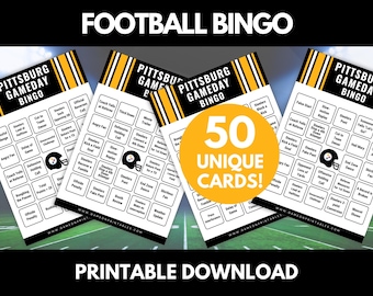 May include: Football Bingo game cards with a Pittsburgh Steelers theme. The cards feature a black and gold color scheme and include phrases like "Successful Challenge" and "Angry Fan". The image also includes the text "50 Unique Cards!" and "Printable Download".