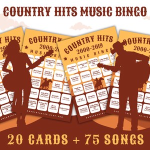 Musique country 2000-2019 Bingo avec liste de lecture | Musique country à succès Bingo | 20 cartes de bingo | Chansons country Musique Bingo | Jeux imprimables