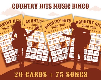 Country Music 2000-2019 Bingo With Playlist | Country Hits Music Bingo | 20 Bingo Cards | Country Songs Music Bingo | Printable Games