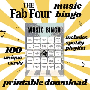 Die Fab Vier Musik Bingo | Die Fab 4 Singo Bingo | 100 Bingokarten | Party Spiele | PDF Sofortdownload