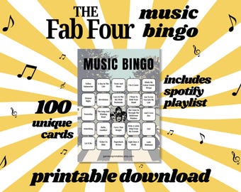 Bingo musical de los Fab Four: 100 cartones imprimibles (Descarga instantánea en PDF)