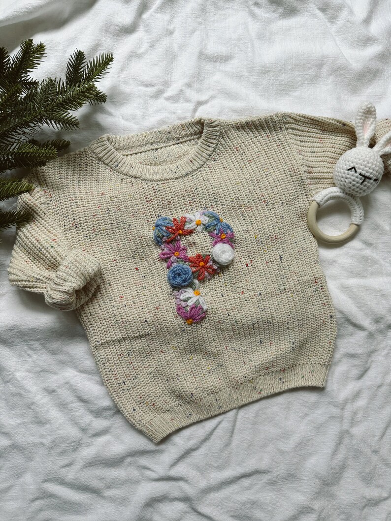 Hand Embroidered Letter Design Sweater for Babies & Toddlers Custom Design Sweater Floral Initial Sweater image 7