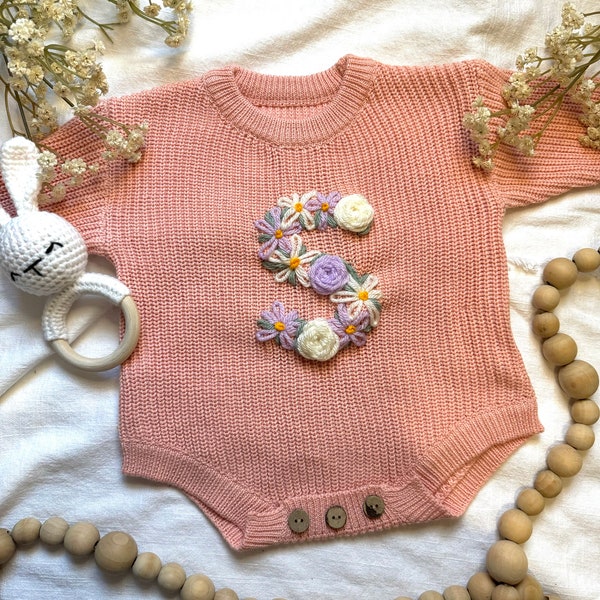 Hand Embroidered Knit Sweater Romper for Babies | Baby Hospital Outfit | Custom Baby Sweater | Personalized Name Sweater | Baby Announcement