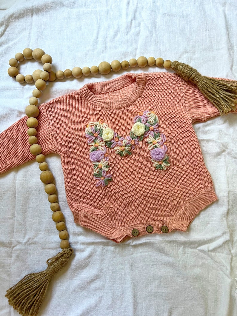 Hand Embroidered Letter Design Sweater for Babies & Toddlers Custom Design Sweater Floral Initial Sweater image 2