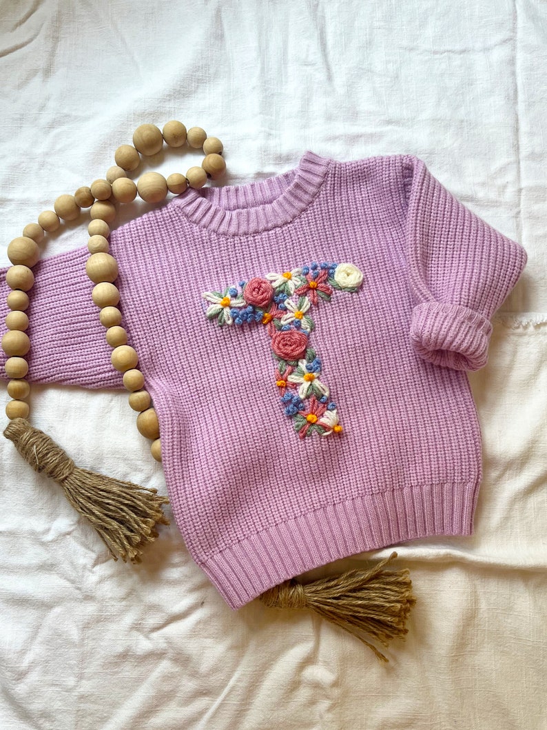 Hand Embroidered Letter Design Sweater for Babies & Toddlers Custom Design Sweater Floral Initial Sweater image 1