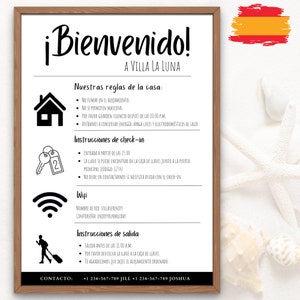 Cartel de bienvenida en español para anfitriones de AirBnB y VRBO, plantilla editable de alquiler vacacional, políticas de reglas, reglas de la casa, Wifi, póster de llegada de huéspedes