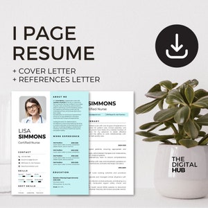 Modern Resume Template | 1 Page CV + Cover Letter & References | Professional Design | Professional CV | Professional Resume |  Nurse Resume