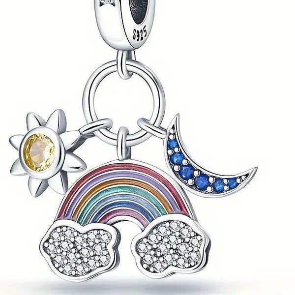 Breloques pendentifs de type Pandora en argent sterling S925 Charm adaptable à d'autres bracelets et accessoires similaires- Rainbow Sun Moon Double