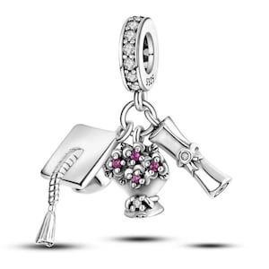 S925 Sterling Silver Pandora-Compatible Charm - "Mortarboard, flowers, and diploma