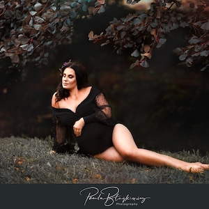 Anastazja Glamour Maternity Bodysuit z perłowymi prześwitującymi rękawami – Elegancki strój do sesji zdjęciowej, ubrania na baby shower