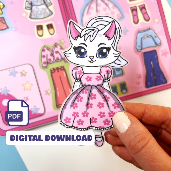 Printable paper doll for toddler Cat Quiet book Printable paper toys Busy book girl Activities for toddlers Paper doll Toddler Activity