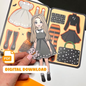 Printable Gothic Halloween Paper Doll Spooky Crafting Paperdoll Activity Book for Kids dress up paper doll clothes printable gift for kids