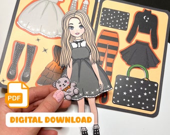 Printable Gothic Halloween Paper Doll Spooky Crafting Paperdoll Activity Book for Kids dress up paper doll clothes printable gift for kids