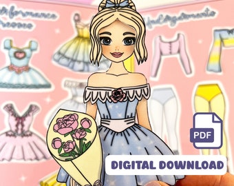 May include: A printable paper doll of a ballerina holding a bouquet of pink peonies. The doll has blonde hair, blue eyes, and is wearing a light blue dress with a white collar and a pink sash. The doll is surrounded by various outfits to mix and match, including a yellow tutu, a pink leotard, and a white skirt. The text "DIGITAL DOWNLOAD" is visible in the image.