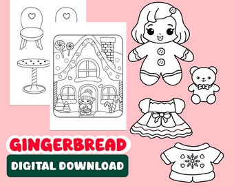 Gingerbread Paper Doll Coloring Pages: Christmas Preschool activity Fun Winter Theme (Digital Download)