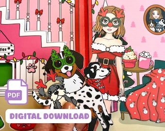 Casa delle bambole di carta natalizia: bambola da vestire e animali domestici stampabili / Attività di gioco di finzione per le vacanze per bambini
