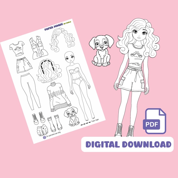 Paper doll coloring pages Paperdoll with dog dress up paper doll quiet book pages Activity for Kids Coloring Pages Printable gift kids