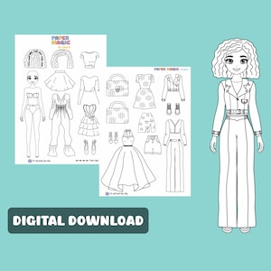 Pagine da colorare di bambole di carta Download istantaneo Illustrazione stampabile di moda per bambole di carta Attività per bambole di carta stampabili per bambini