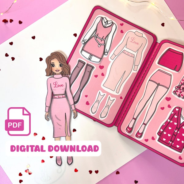 Printable Paper Doll Valentines Day Paperdoll Activity Book for Kids dress up paper doll clothes girls activities pretend play printables