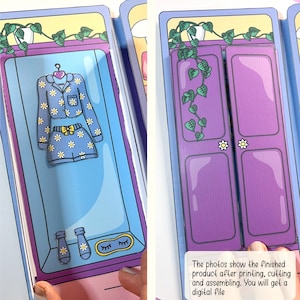 Pu&ograve; includere: Un modello di armadio stampabile in carta di colore viola con un motivo floreale. L'armadio &egrave; aperto e mostra un interno blu con una camicia da pigiama floreale e pantaloncini, un paio di calzini e una maschera per gli occhi.