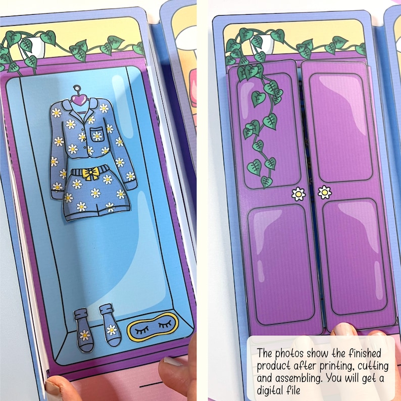 Pu&ograve; includere: Un modello di armadio stampabile in carta di colore viola con un motivo floreale. L'armadio &egrave; aperto e mostra un interno blu con una camicia da pigiama floreale e pantaloncini, un paio di calzini e una maschera per gli occhi.
