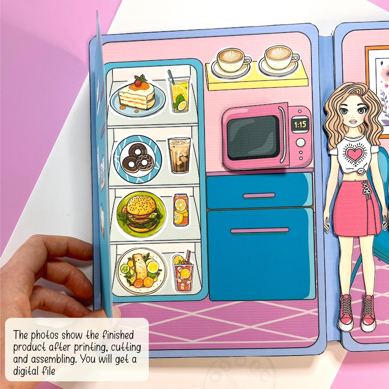 Pu&ograve; includere: Un kit di bambola di carta stampabile con una ragazza con i capelli rosa e un vestito rosa e bianco. Il kit include un frigorifero, un forno a microonde e altri articoli da cucina. Il testo "1:15" &egrave; visibile sul forno a microonde.
