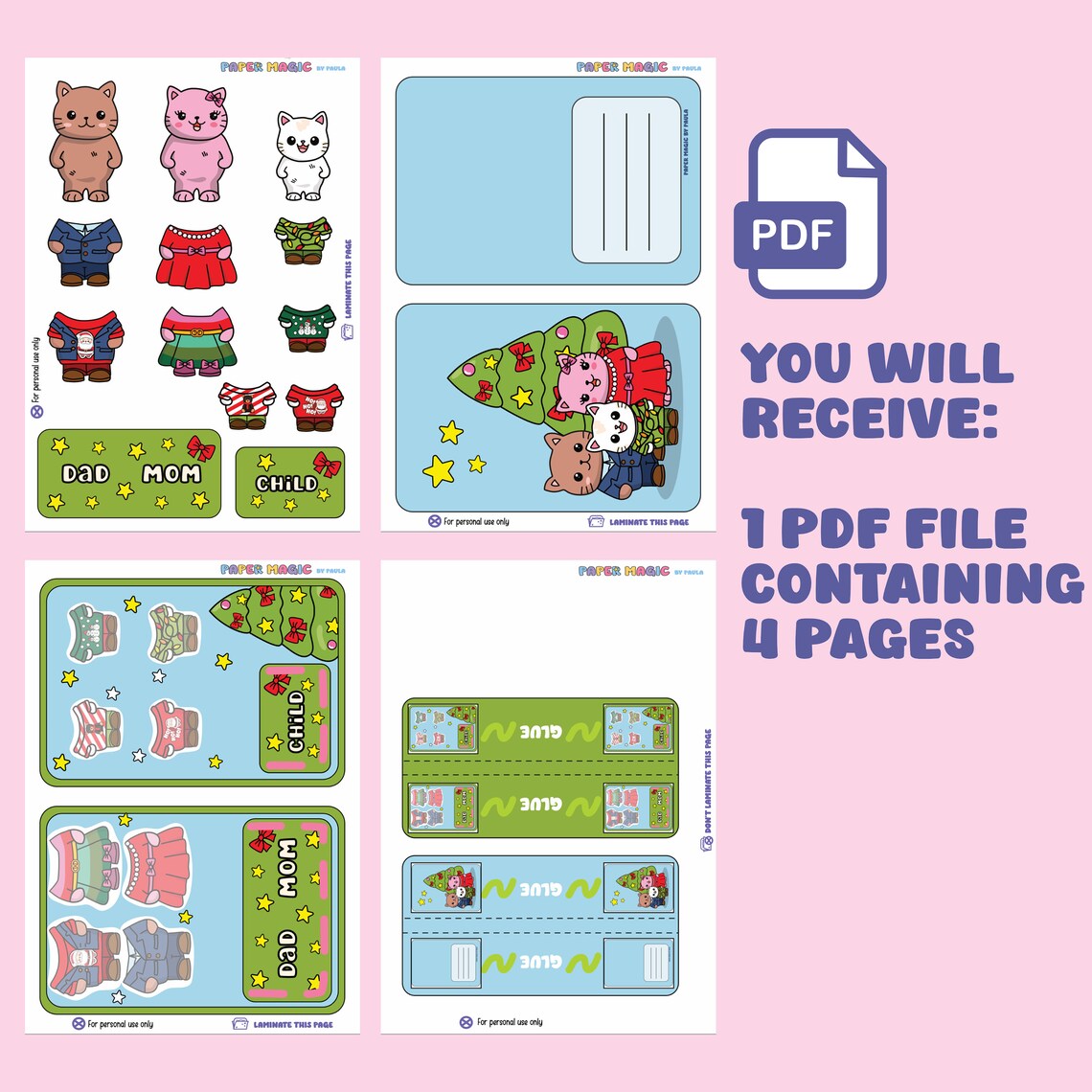 Printable Paper Doll Cat Christmas Paper Doll for Toddler Dress up Doll ...