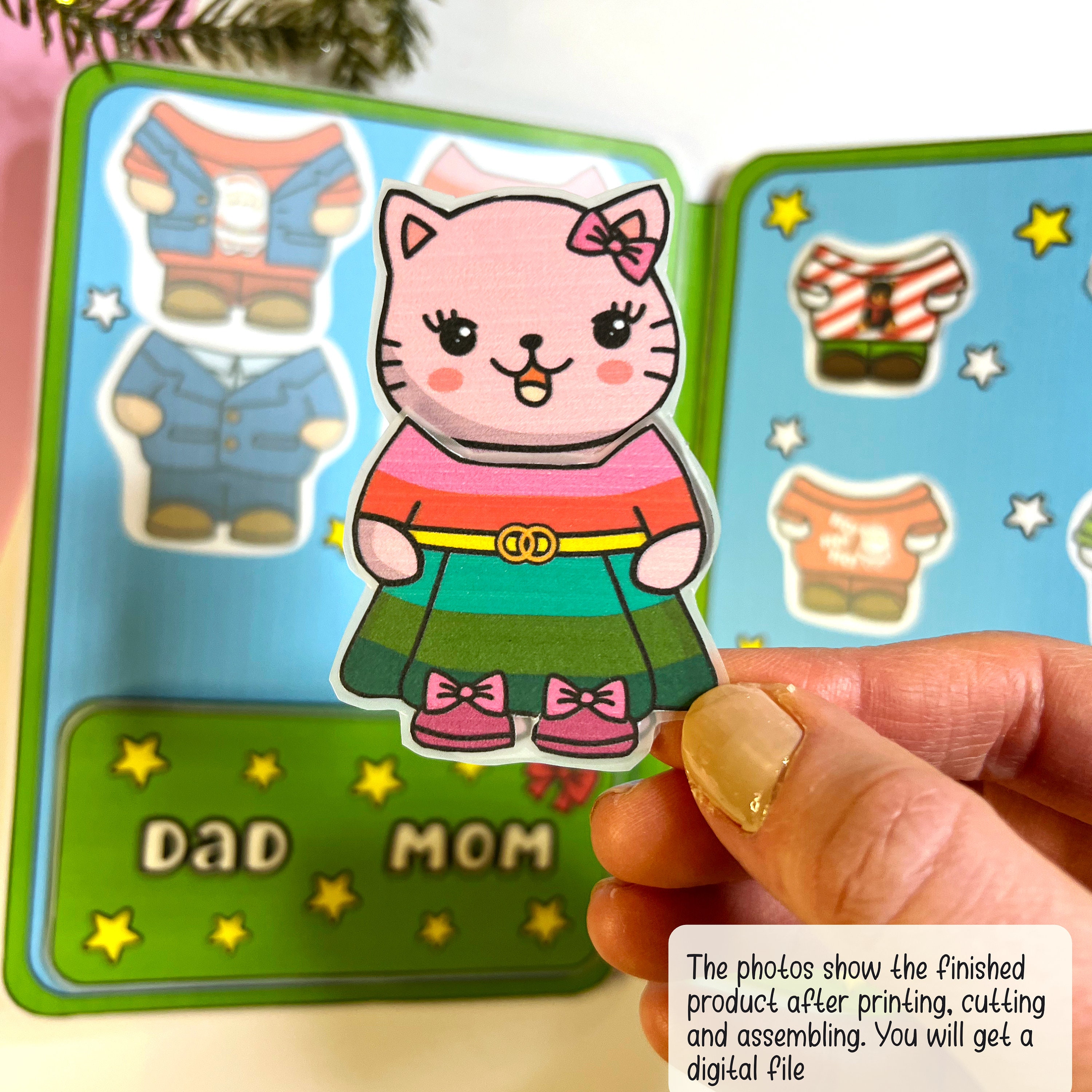 Printable Paper Doll Cat Christmas Paper Doll for Toddler Dress up Doll