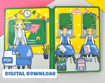 May include: A printable PDF download of a classroom scene with a teacher and two students. The teacher is standing at a desk with a world map on the wall behind her. The students are sitting at desks with backpacks and books. The classroom is decorated with stars and flags.